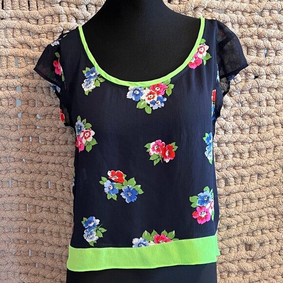 Hollister Navy Blue Sheer Floral Top - Bright Neon Trim Size Medium - Picture 1 of 11